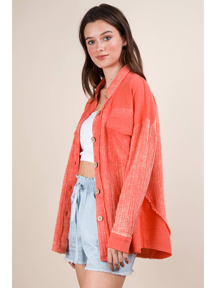 VERY J - Wholesale Jacket - Women's - NJ90360-Mineral Washed Oversized Gauze Shacket Jacket8