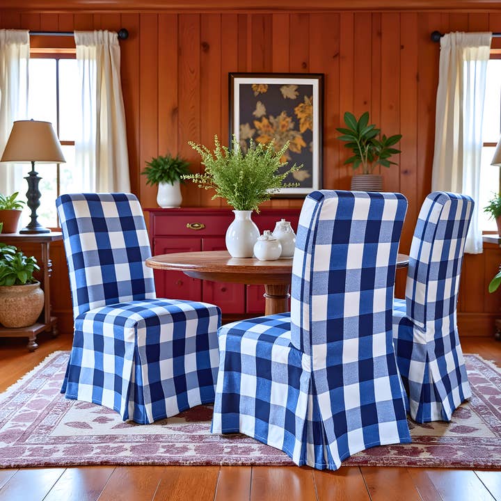 REMOVED BRAND – Capa para cadeira/sofá por atacado – Conjunto de 4 - Capas de Cadeiras de Jantar, Compatíveis com IKEA Henriksdal, Xadrez Buffalo Azul Marinho, Comprimento até ao Chão2