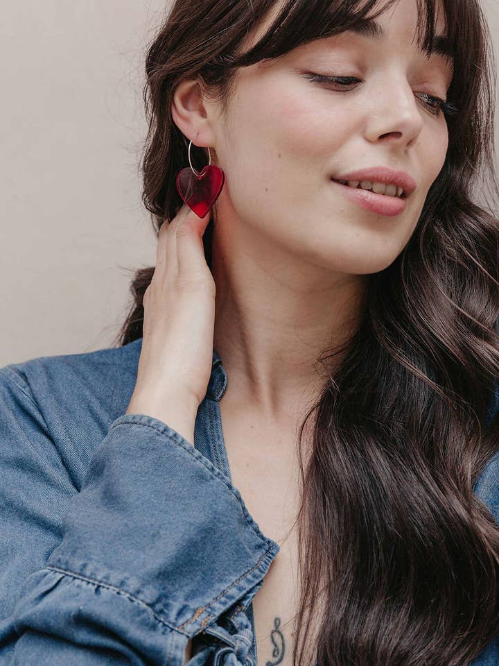 Silver Plated Red Heart Hoops Earrings for wholesale by Aloë Earrings