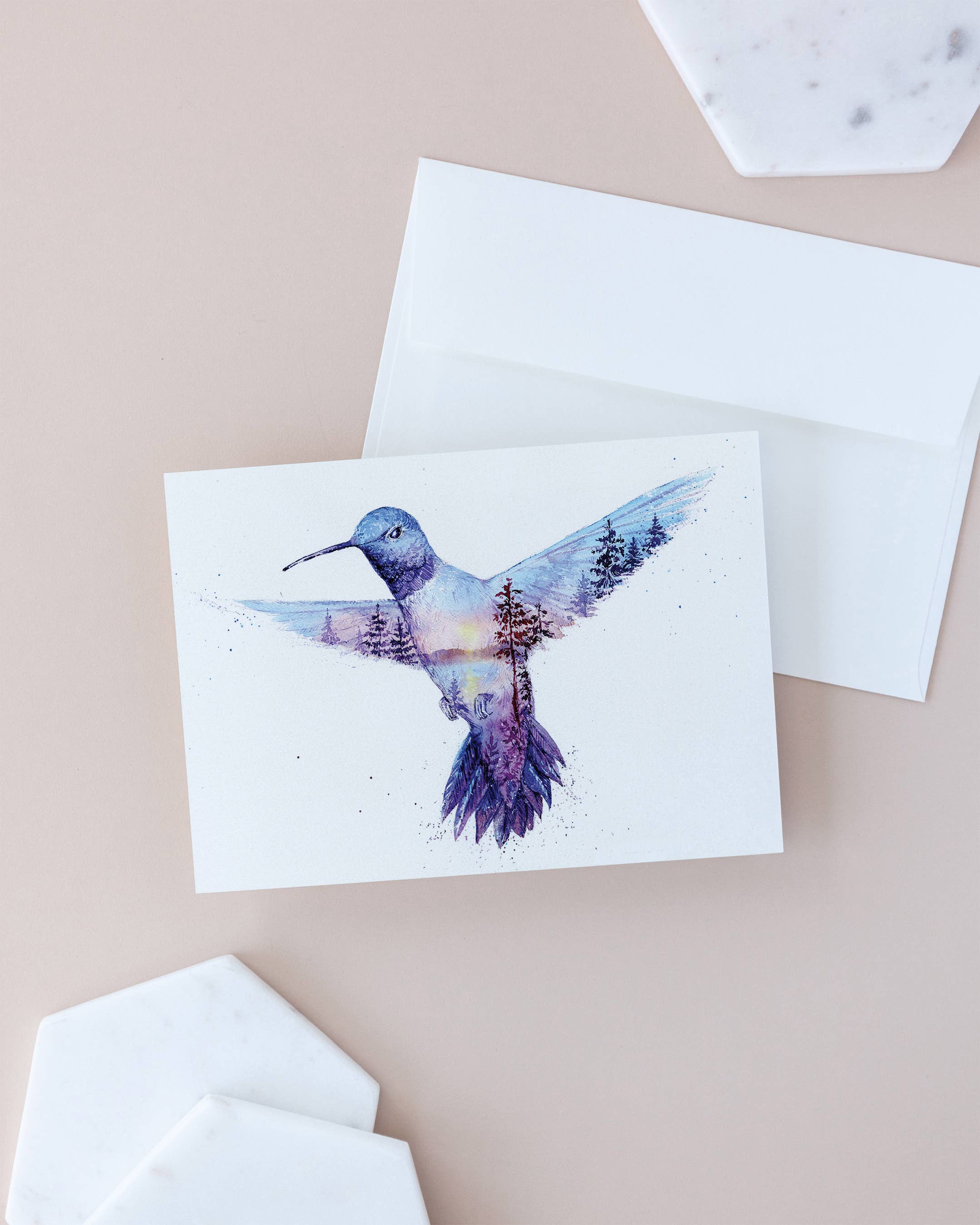 Elena Markelova Arts - Wholesale Everyday Greeting Card - Golden Hour Jewel Hummingbird Coastal Watercolor Art Card1