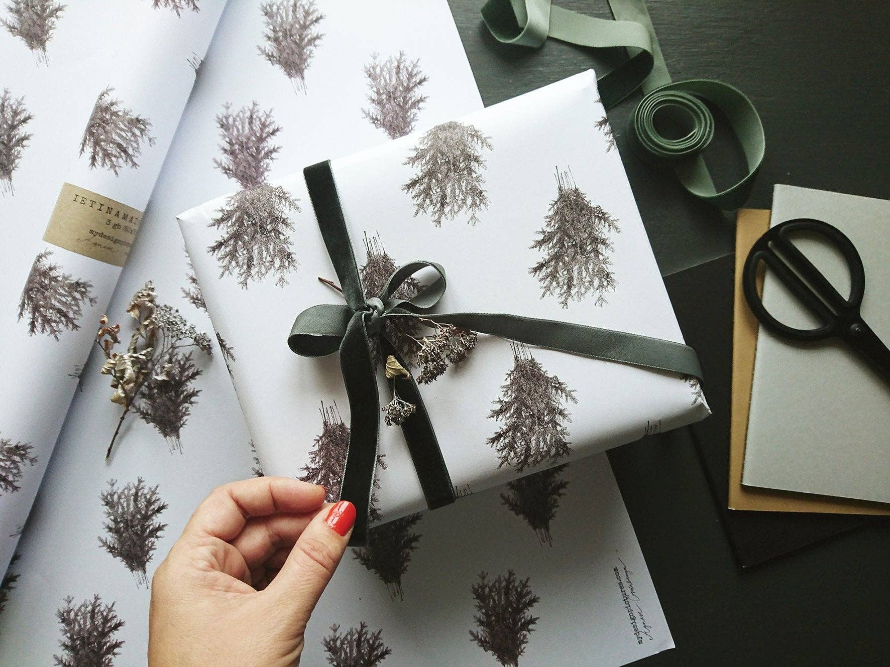 MyDesignPictures - Wholesale Flat Wrap - Set Of 3 Pieces Spruce Branches White Wrapping Paper1