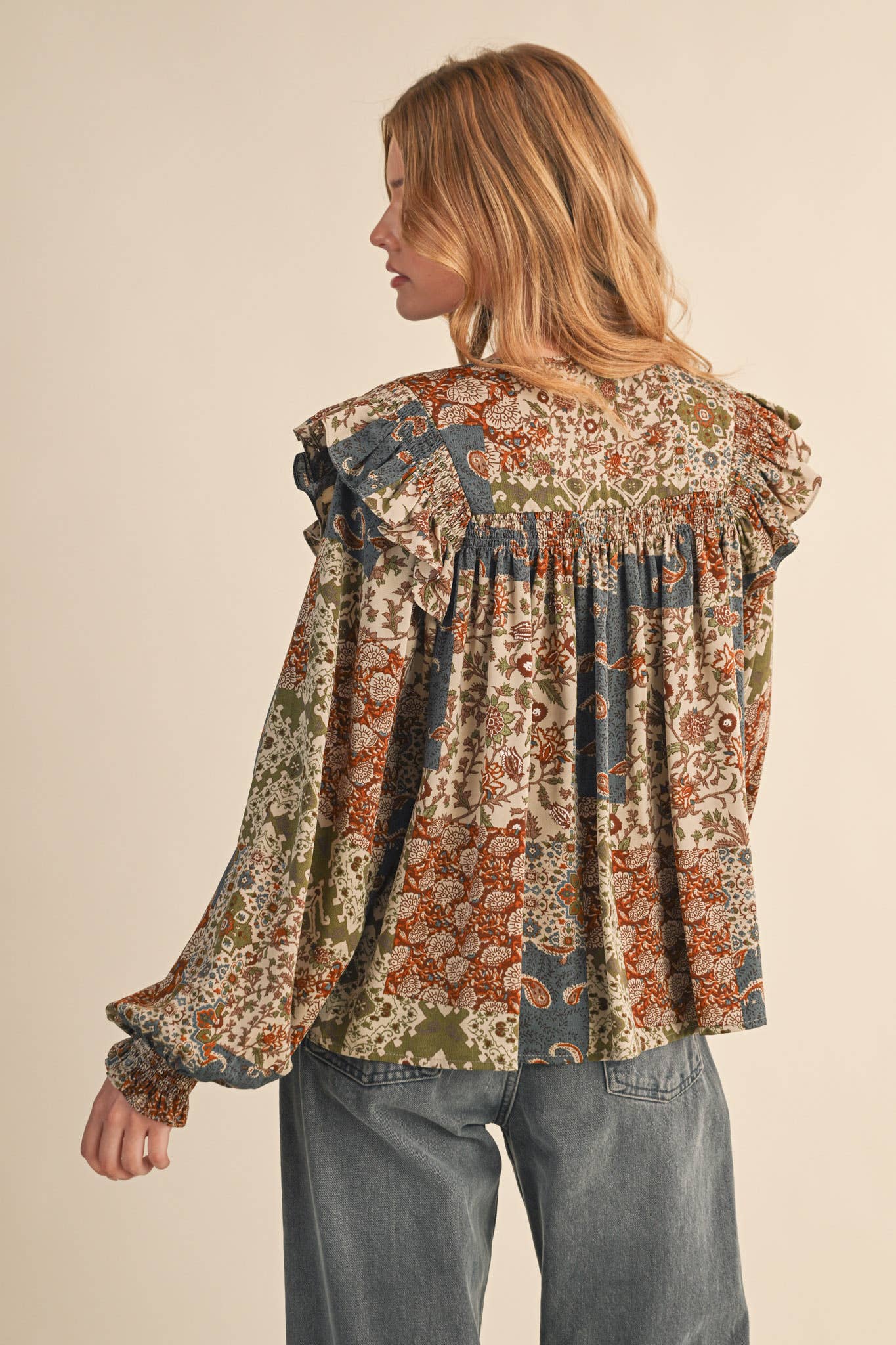 &MERCI - Wholesale Blouse - Women's - PATCHWORK PRINT SMOCKED RUFFLE BLOUSE MTP435025