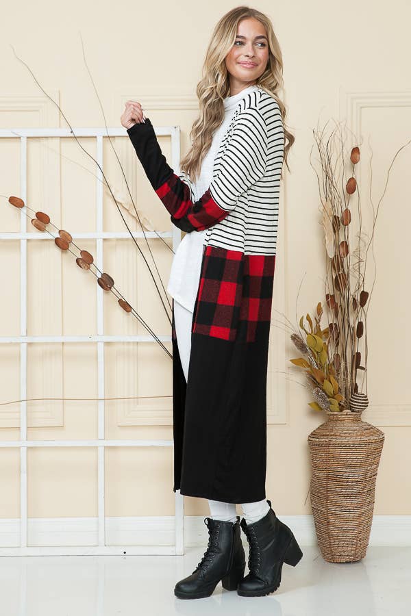 ECOSSAIS ROUGE CARDIGAN OUVERT MAXI RAYURES ET CARREAUX en vente sur Faire5