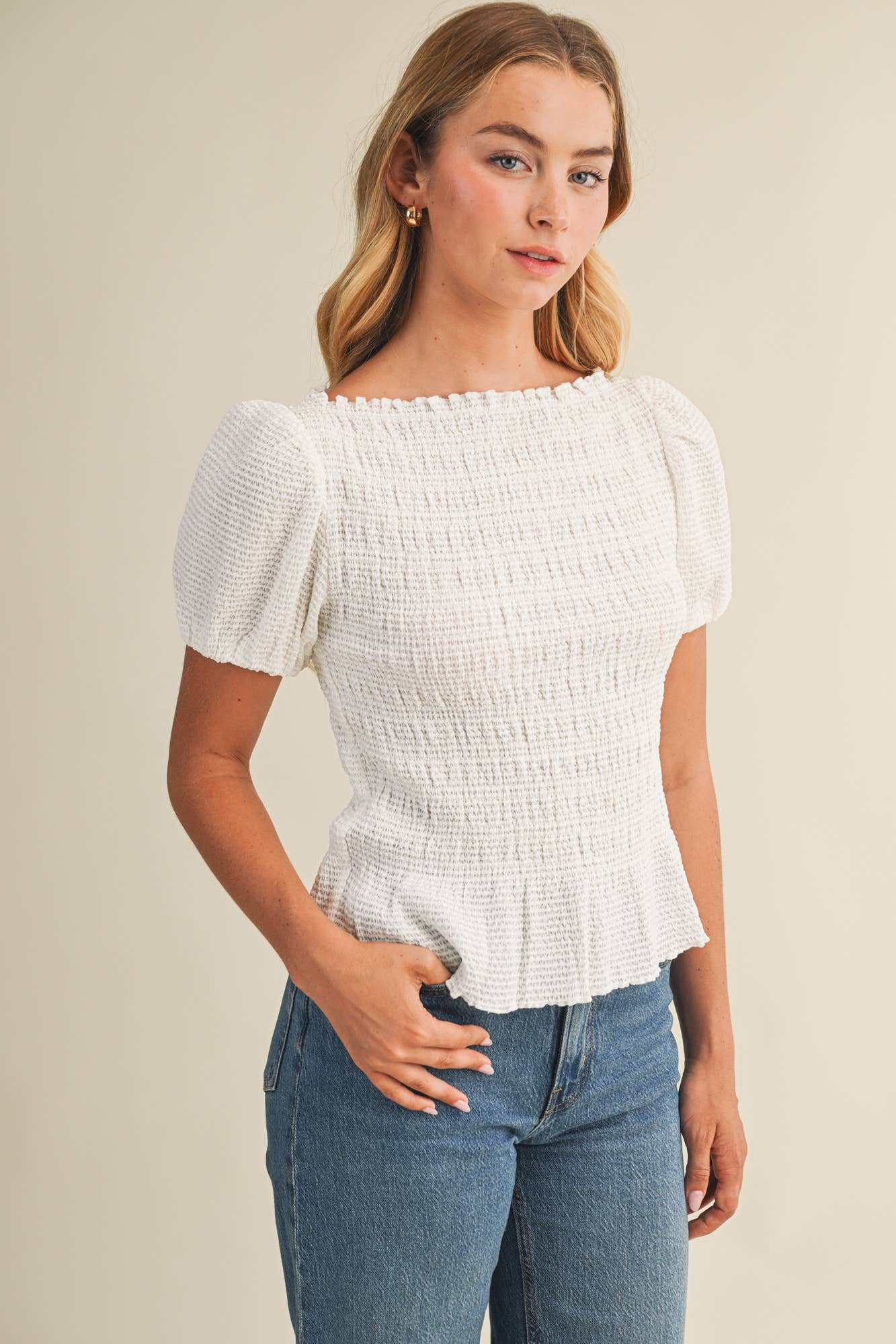 Mustard Seed - Wholesale Blouse - Women's - FLOCKED STRIPE SMOCKED PUFF SLEEVE TOP8