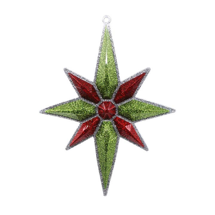 Christmas Star Ornament, Silver, Light Green & Red, 8.5-inch for wholesale by Very Christmas