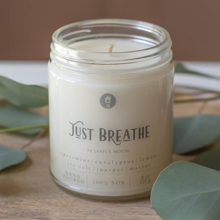Eucalyptus + Spearmint Scented Soy Candle Just Breathe 8 oz for wholesale by Jarful House
