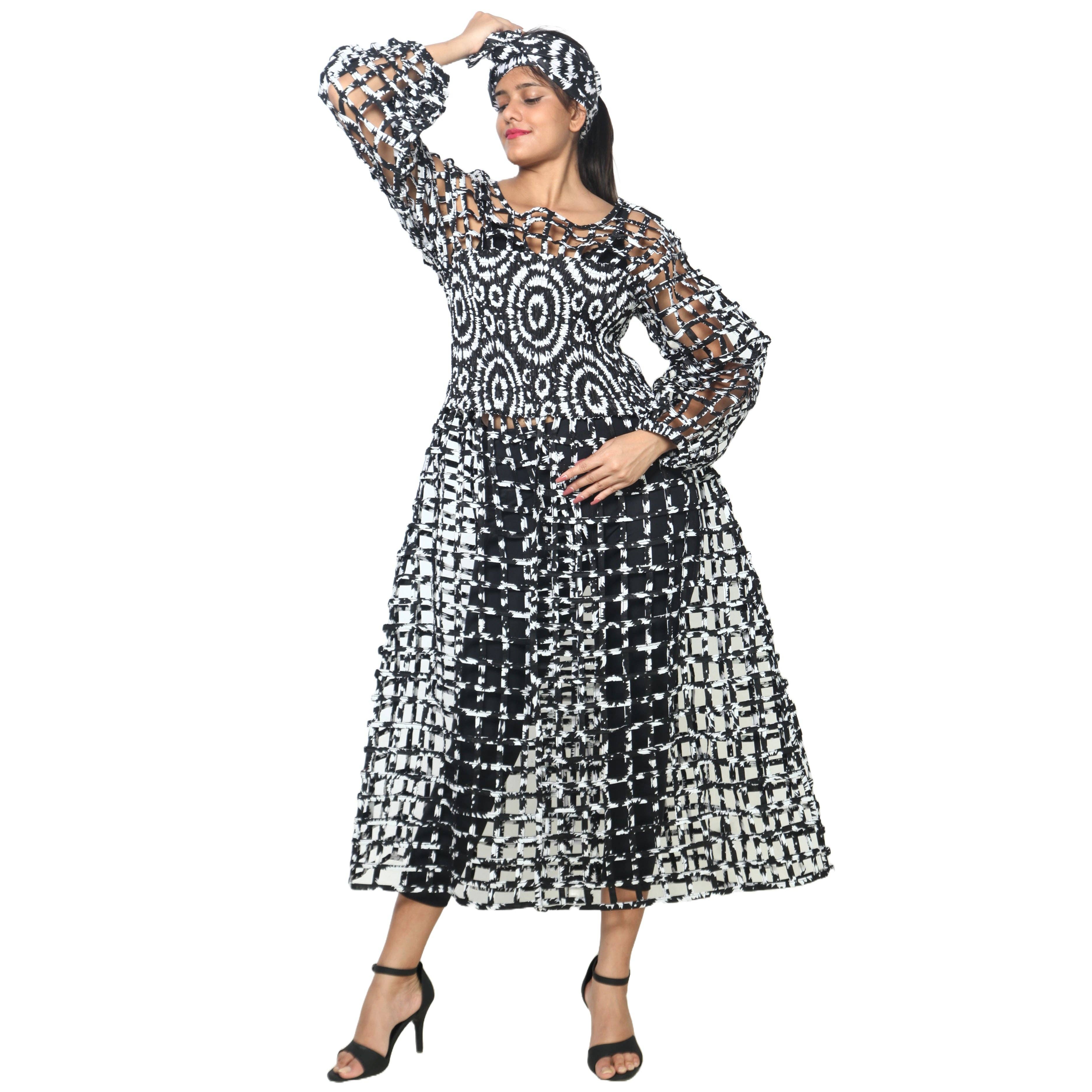African Stars - Wholesale Dress - Women's - Women's Long Sleeve Smocked Bodice Cage Dress -- FI-ST12218