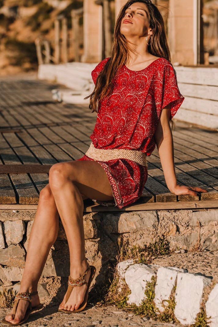 Miss Kitsch – wholesale Dress – Women's – Red Short Dress, Boho Dress, Summer Dress, Beach Dress, Resort Wear, Blouse Dress, Holiday Dress, Short Dress with Sleeve Corfu Dress3