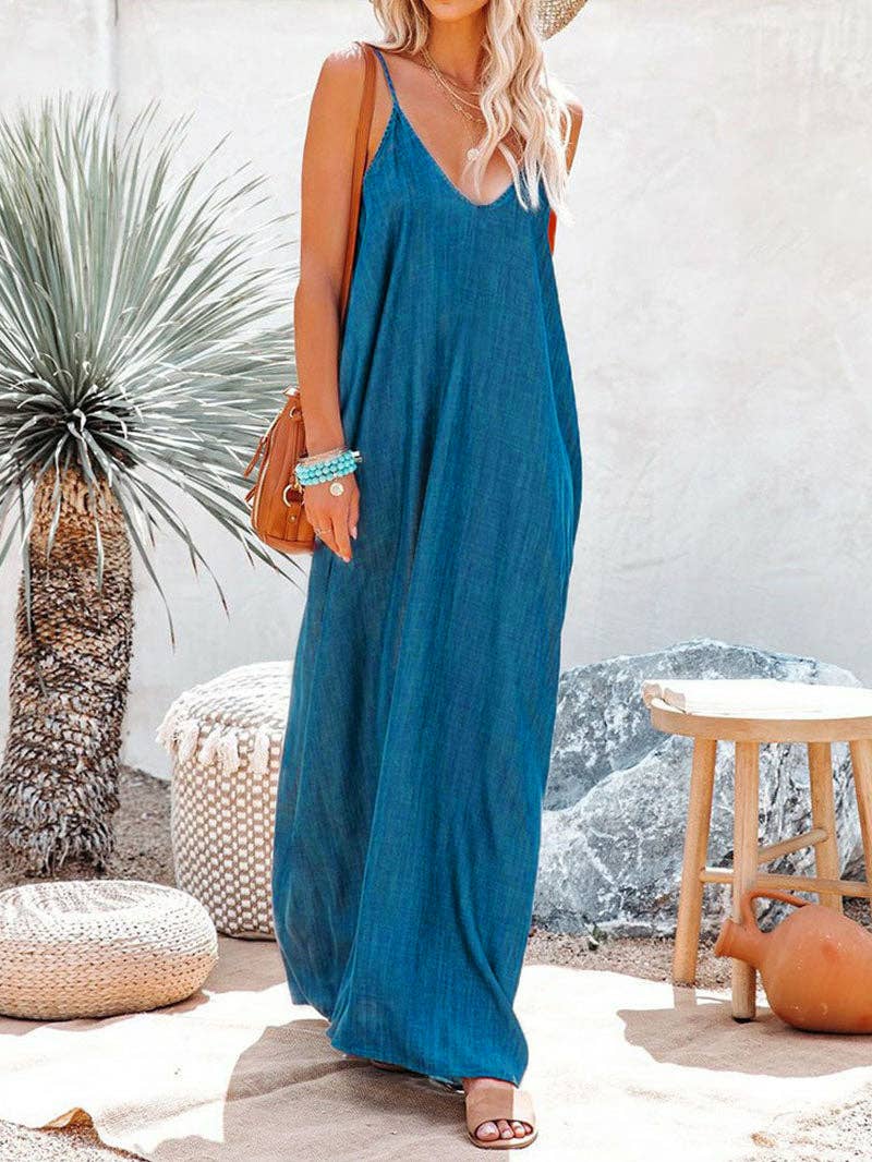 Blauw Losse effen denim lange rok jarreteljurk voor groothandel op Faire2