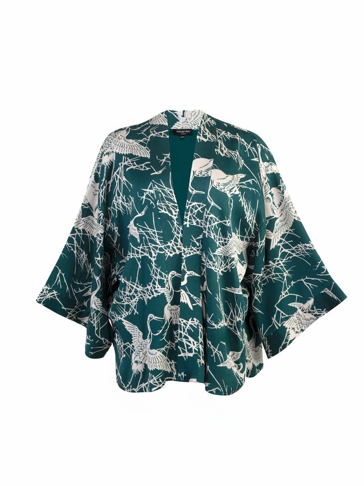 Artemis Muse - Wholesale Kimono – Women's - Japanese Crane Print Emerald Green & Ivory Short Kimono5