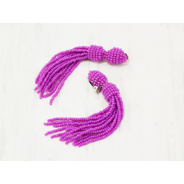 Ninolia – Brincos de argola por atacado – Rosa borla longa magenta clipe para formatura ou noite quente rosa escuro brincos fúcsia declaração brilhante não perfurado pendurado confortável 5 polegadas