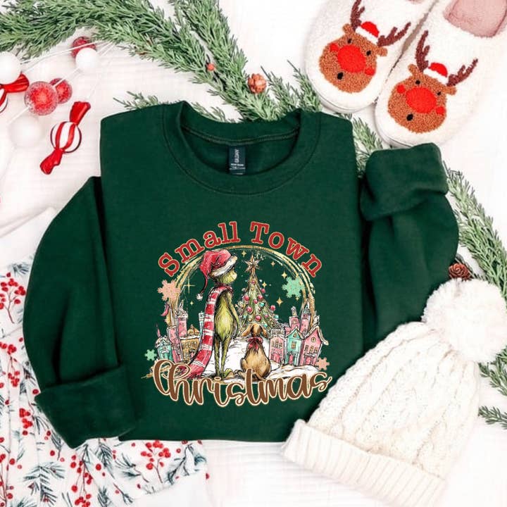 Posh Magnolia Boutique - Wholesale Graphic Sweatshirt - Women's - Small Town Christmas Green Guy Inspired Gildan Sweatshirt 2