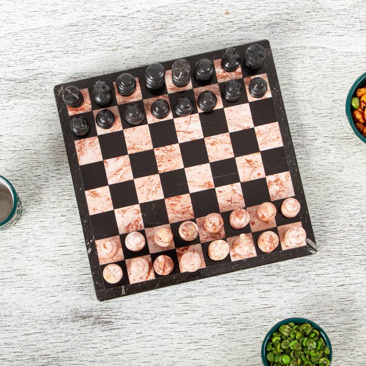 NOVICA - Wholesale Board Game - Black And Pink Challenge Small Marble Chess Set (7.5 In.)