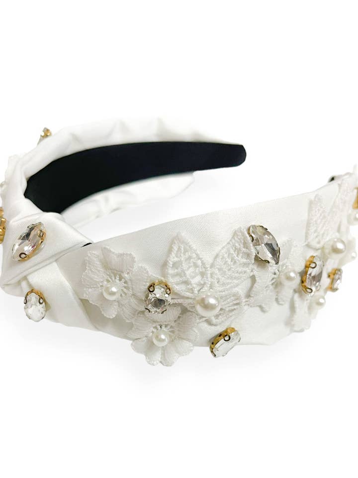 Diadema de encaje blanco con perlas y cristales, paquete de 3 para venta al por mayor de The Sandy Pearls
