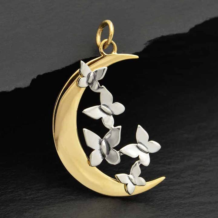 Bronze Moon Charm with Silver Butterfly Cluster 28x16mm - 1pc for wholesale by Plazko