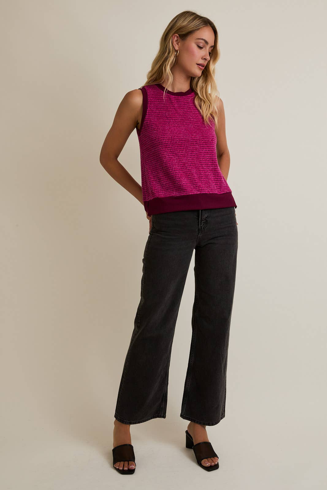 MAGENTA BURGUNDY ROUND NECK SLEEVELESS CONTRAST DETAIL TOP for wholesale on Faire4