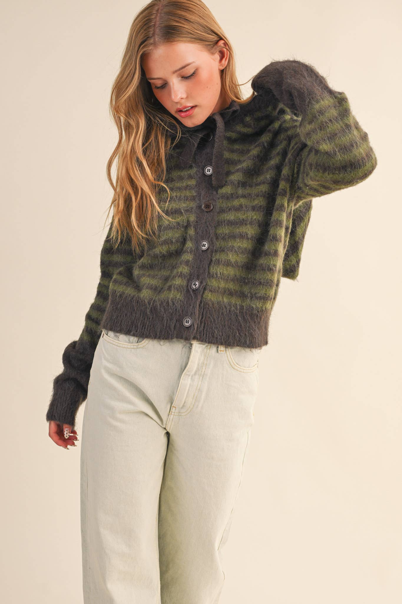 &MERCI - Wholesale Cardigan - Women's - STRIPED HOODIE SWEATER CARDIGAN MSW1106370