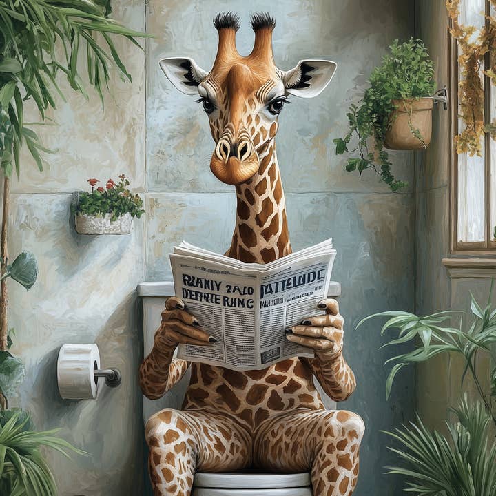 Giraffe Bathroom Break Canvas Art-Flat Canvas” for wholesale by Shut The Front Door KC