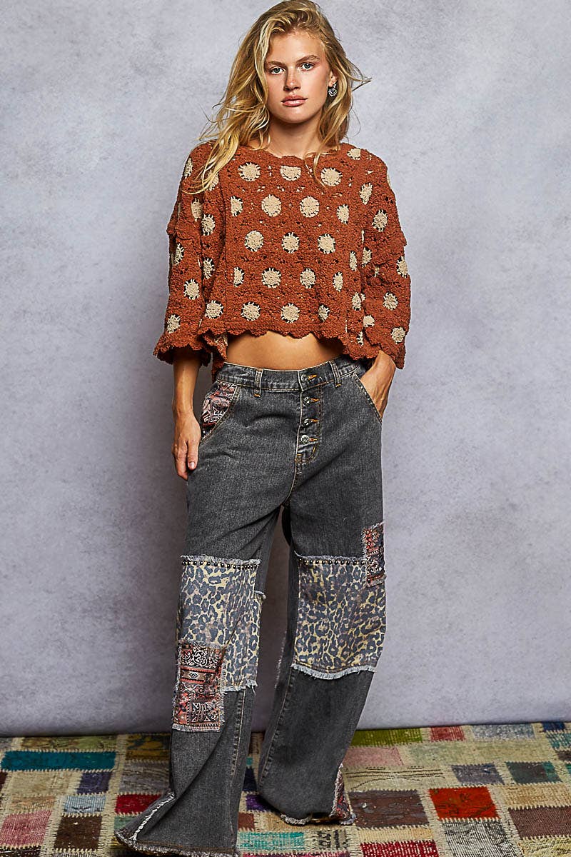 Pol Clothing - Vente Haut en maille – femme - Haut court en crochet à col rond et manches 3/44