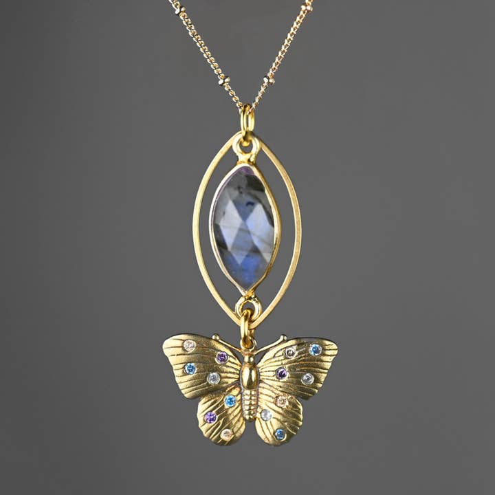 KBD Studio - Wholesale Pendant/Charm Necklace - Vintage Butterfly Necklace w/ Multi Stones and Semi Precious