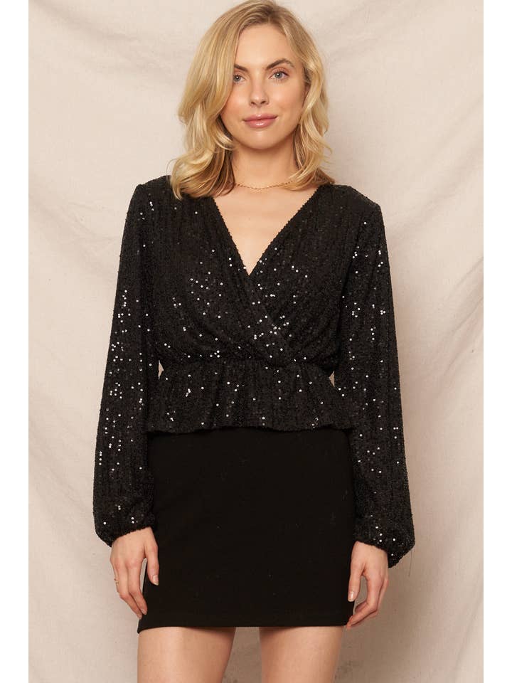 En Crème - Wholesale Blouse - Women's - Long Sleeve Peplum Sequin Top