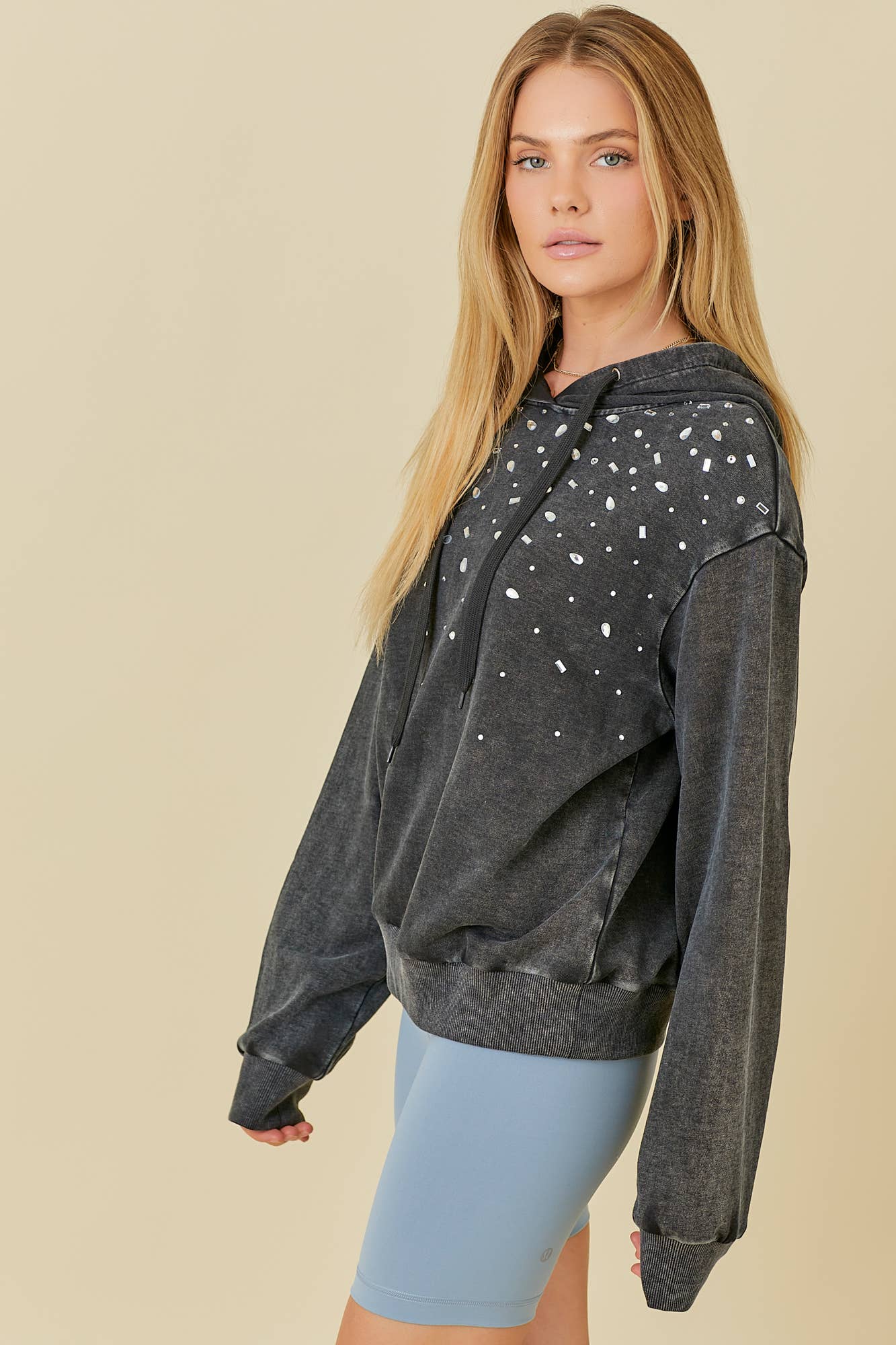 BLACK Washed Hoodie With All Over Rhinestone Detail for wholesale on Faire11
