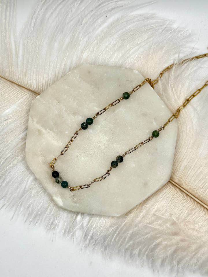 Moss Agate & Gold Paperclip Necklace for wholesale by The forEVER Jewelry