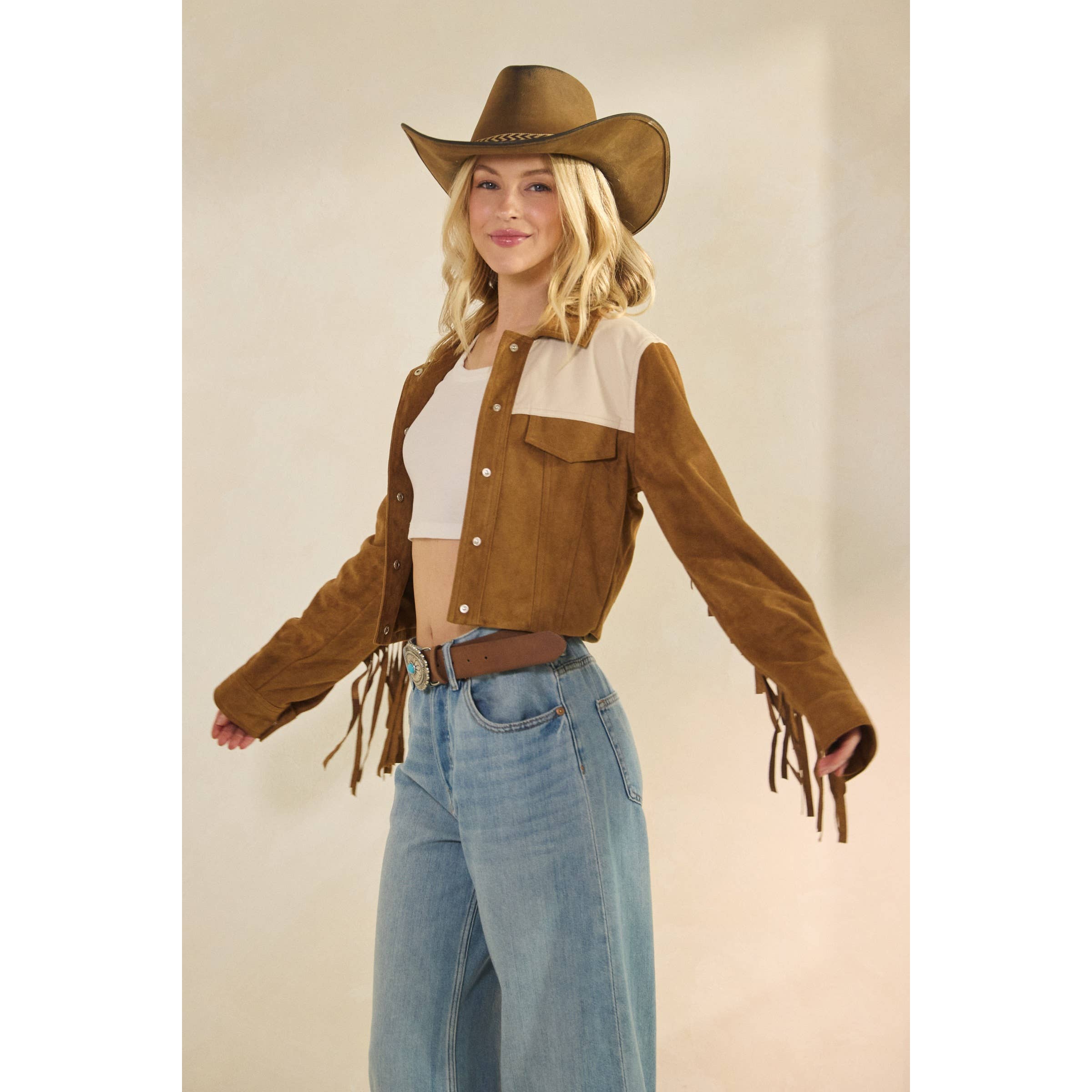 Camel Suede Jacket with Fringe Detail for wholesale on Faire13