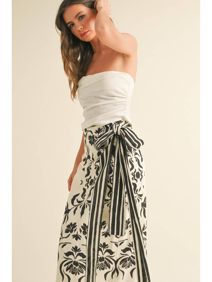 Black S5512 FLORAL PRINT LINEN WRAP SKIRT for wholesale on Faire