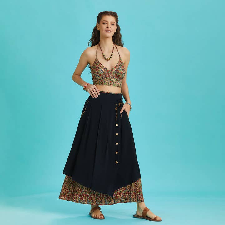 Double Layered Button Down Black Long Skirt for wholesale by Los Banditos