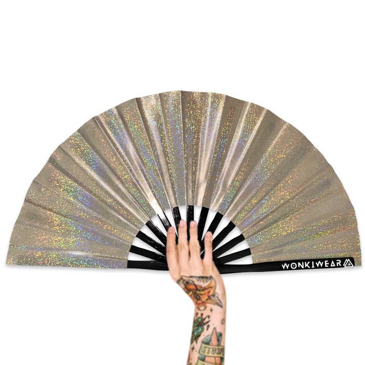 XL Foldable Hand Fan - Galaxy Range, Jupiter Holographic Metallic Champagne for wholesale by Wonkiwear Ltd