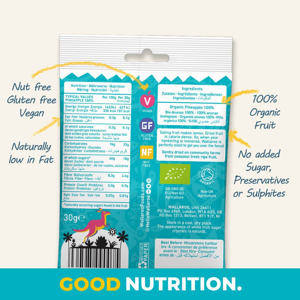 WALLAROO – wholesale Dried/dehydrated fruit – Wallaroo Organic Dried Pineapple Chunks 10x30g2