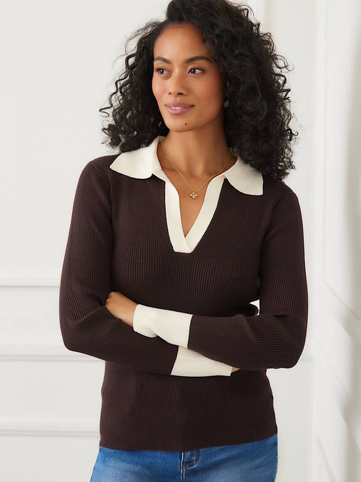 Contrast Ribbed Polo Sweater for wholesale by Karen Kane