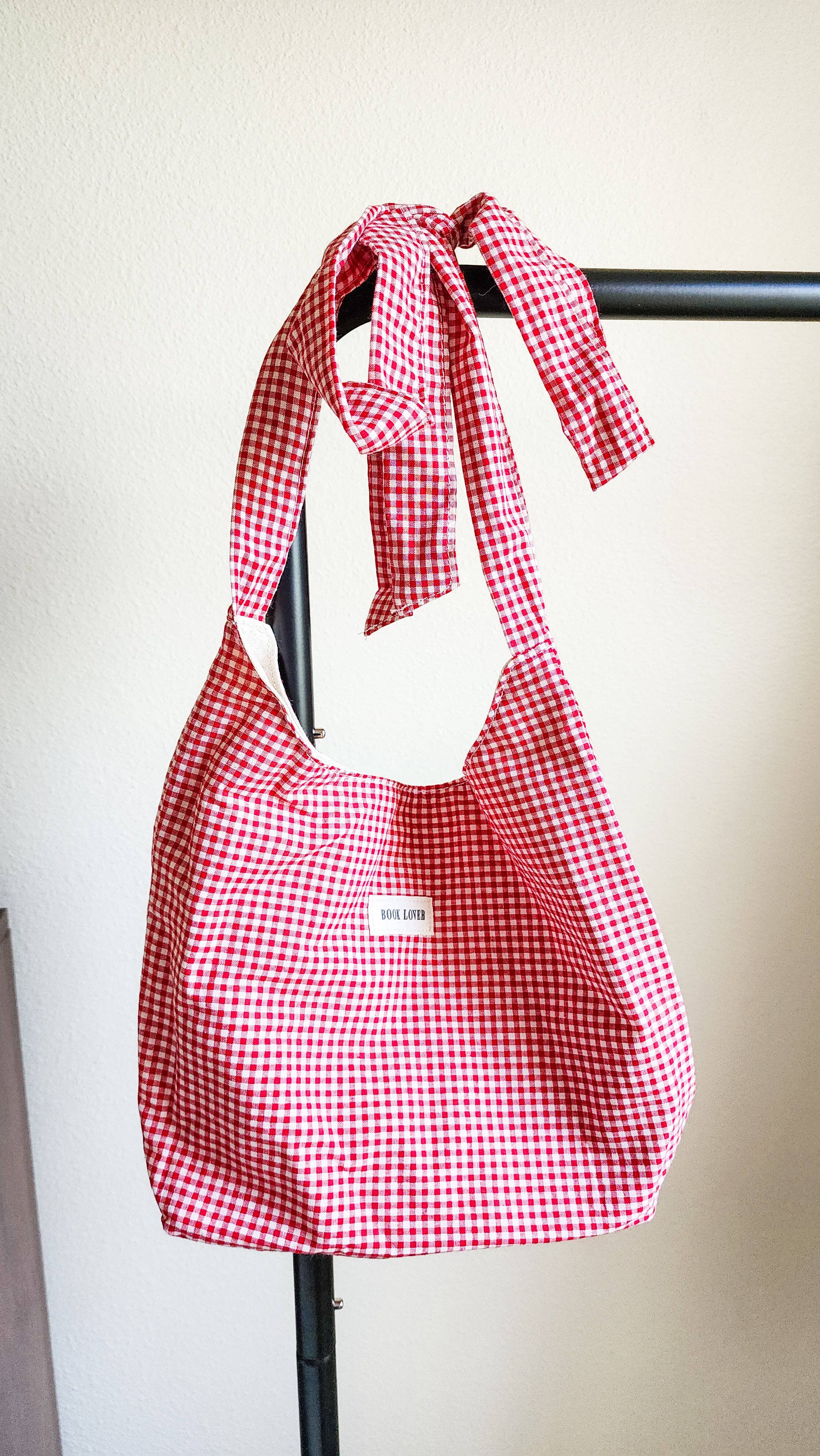 The Bean Workshop - Wholesale Tote Bag - Women's - Book Lover Gingham Cotton Tote Bag with Adjustable Strap5