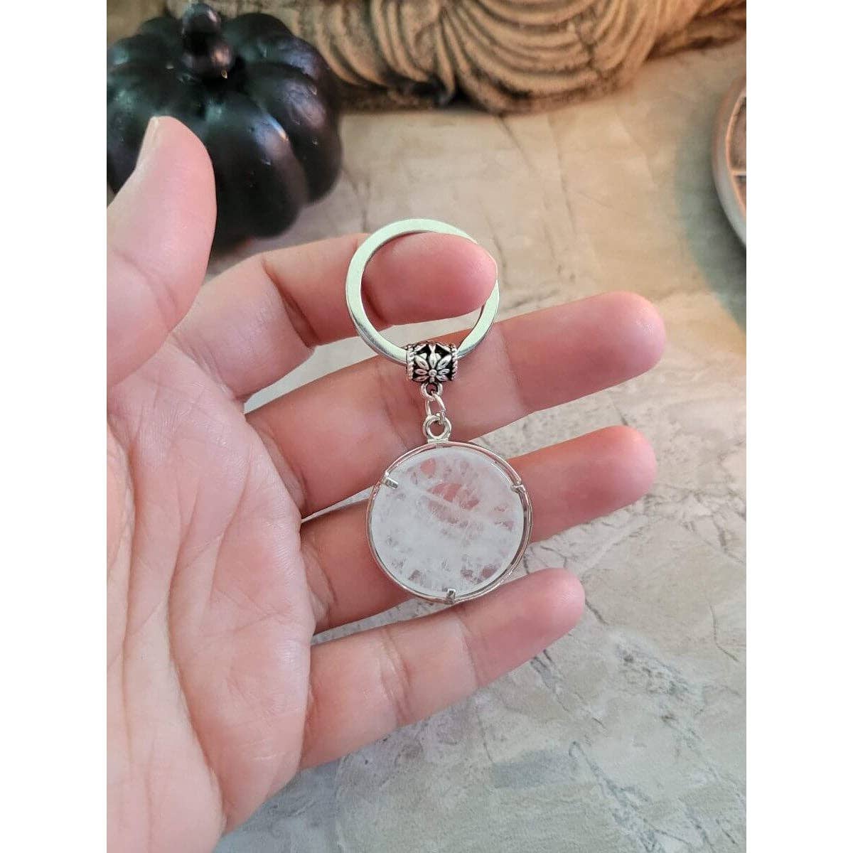 My Magic Place Shop - Wholesale Keychain - Women's - Natural Quartz Crystal Keychain,  Flat Round with Sun & Moon2