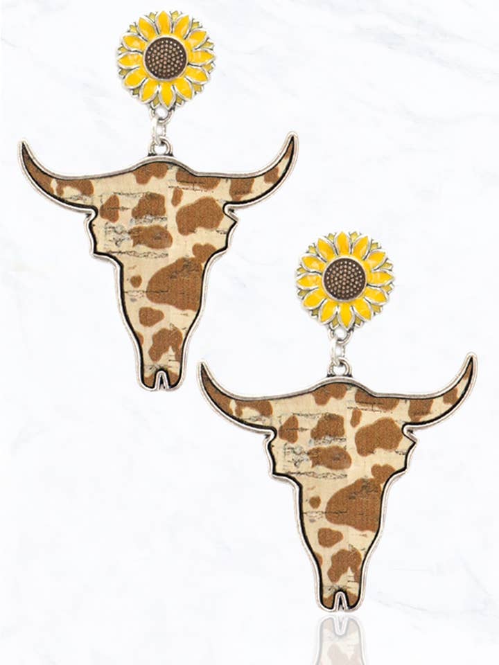 Cow Pattern, Steer Head, Sunflower, Post Drop Earring for wholesale by Suzie Q USA
