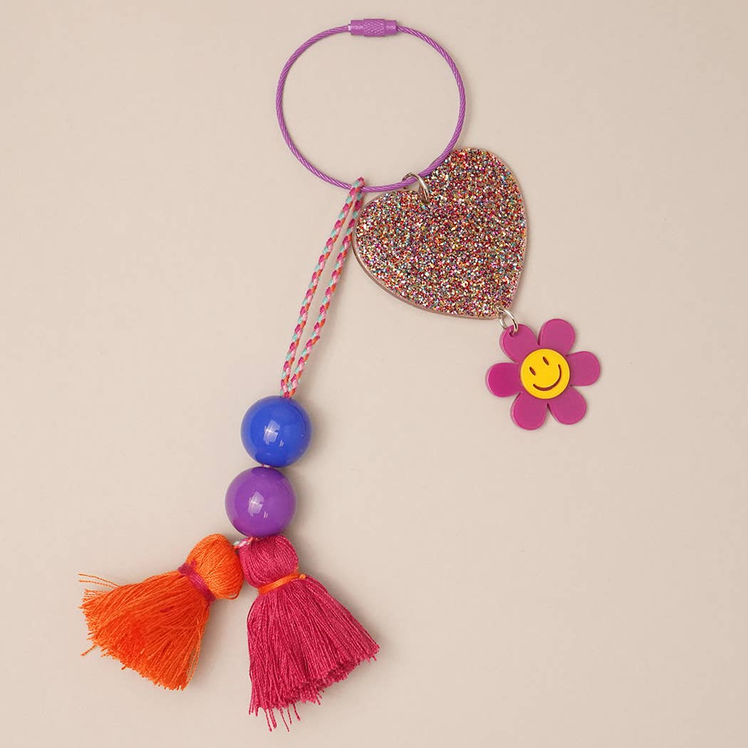 Fashion City - Wholesale Sleutelhanger - Dames - Happy Face sleutelhanger met glitterhart en kwastje, bedeltje3