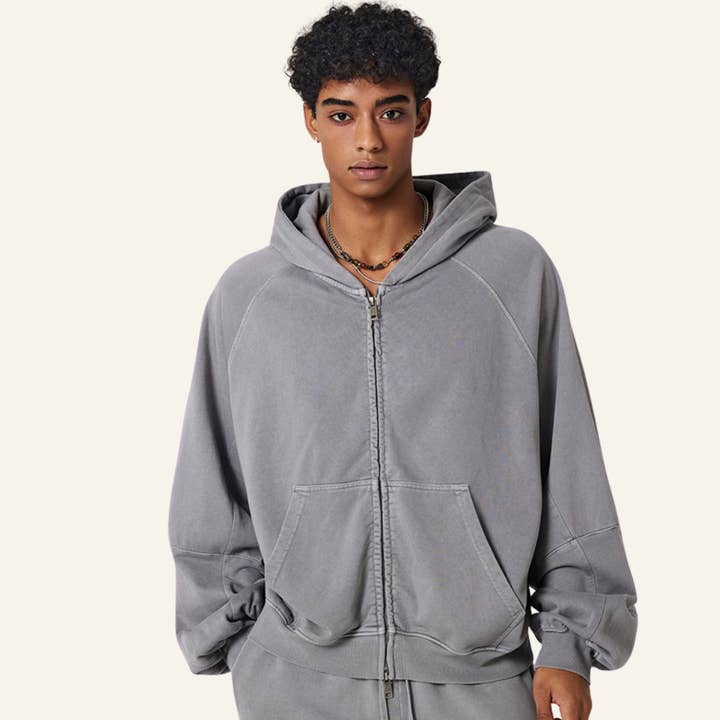 Men's Streetwear Vintage Washed Full Zipper Hooded Jacket. for wholesale by particleactive