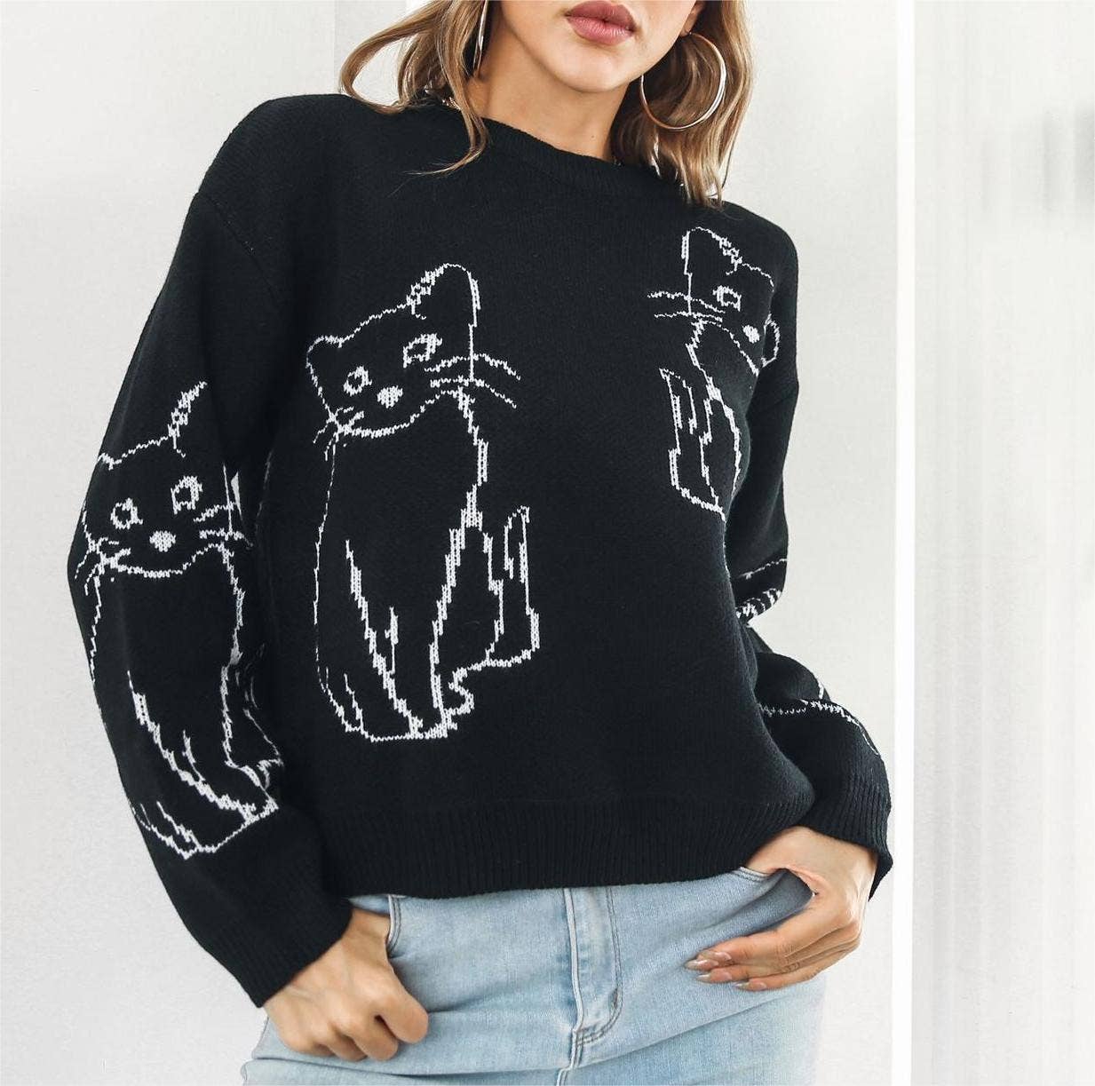 Rosa Clothing - Vente Pull en maille – femme - Pull jacquard tricoté à motif animaux chat4