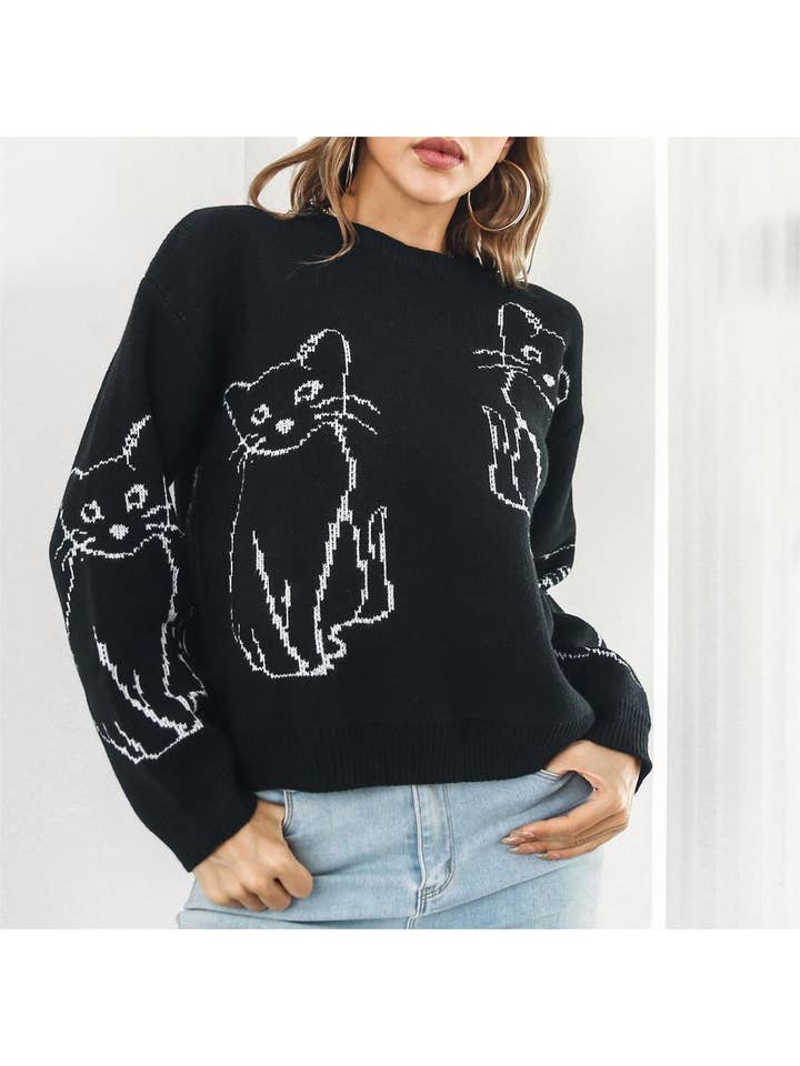 Rosa Clothing - Wholesale Knit Sweater - Women's - Animals cat jacquard jumper knitted sweater4