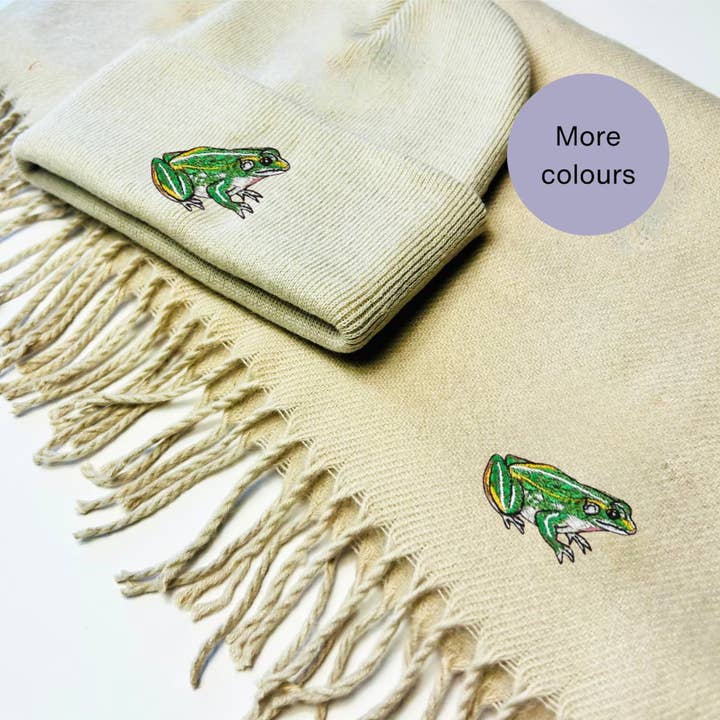 Frog embroidered winter set - Matching scarf and hat set for wholesale by Thread and Needles Co