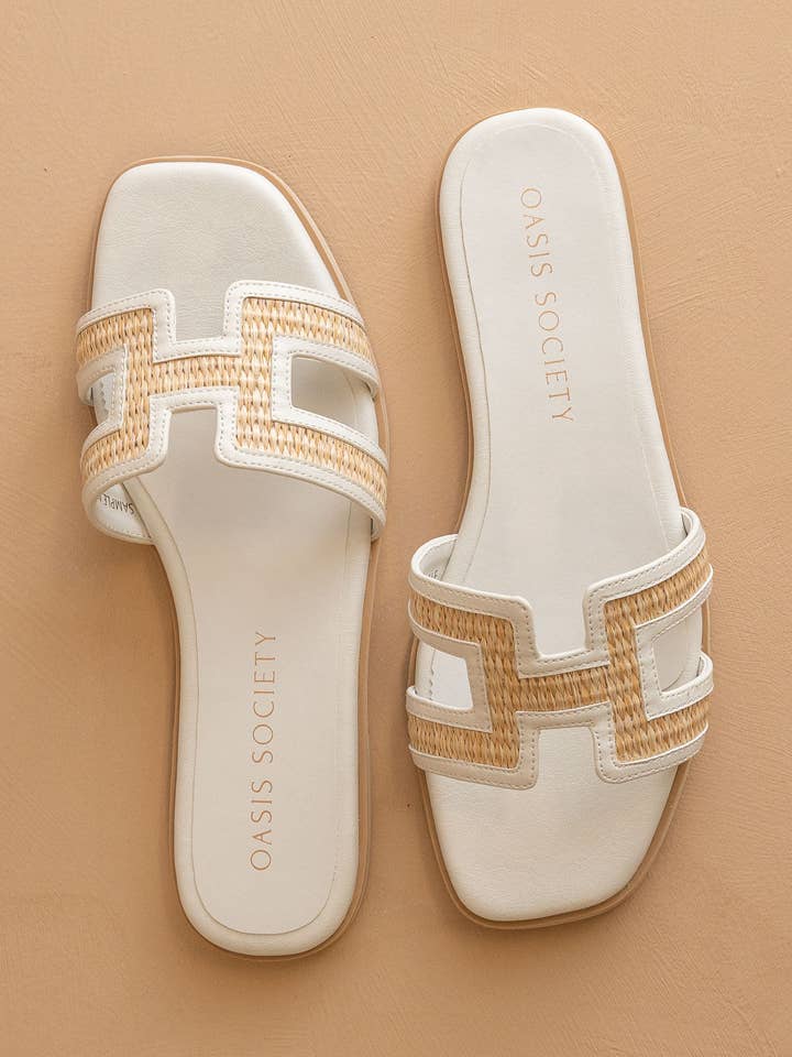 The Ena | White H Cutout Raffia Slide for wholesale by OASIS SOCIETY