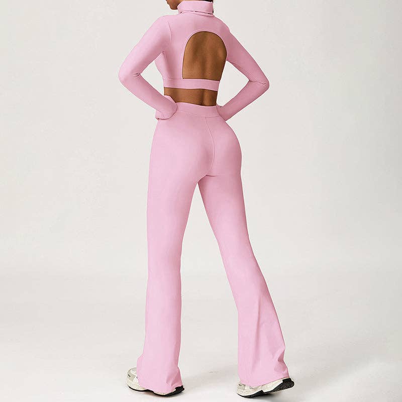 WONDERXFANS - Wholesale Activewear Set - Women's - High-Neck Cropped Long Sleeve + Flared Leg Pants 2-Piece Set6