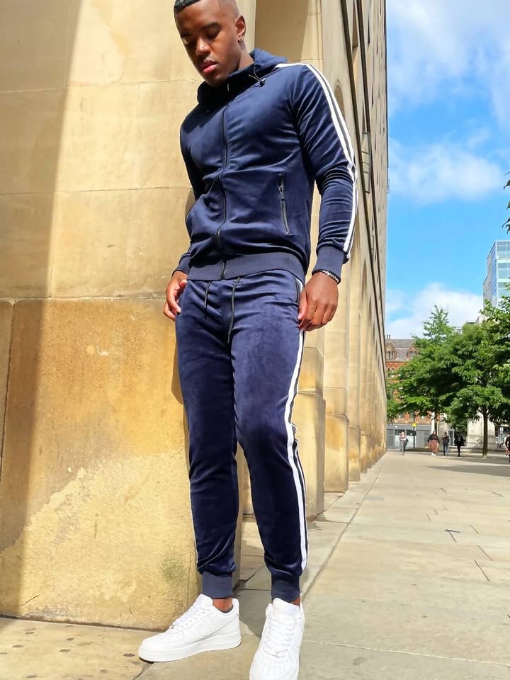 justyouroutfit – wholesale Tracksuit – Men′s – Mens Velvet Twin Side Stripe Hooded Skinny Fit Tracksuit