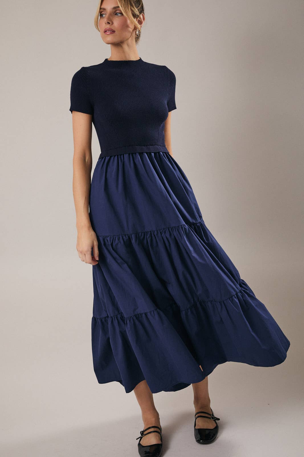 Sunday Edition by LE LIS - Wholesale Dress - Women's - MOCK NECK SHORT SLEEVE KNIT & WOVEN MIX TIERED MIDI DRESS13