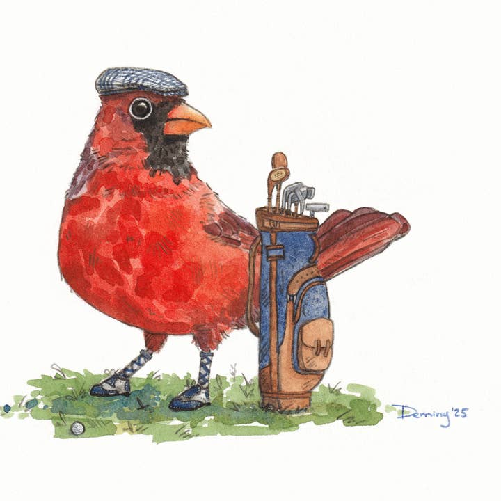 Bird with Golf Clubs for wholesale by Drew Deming Watercolors