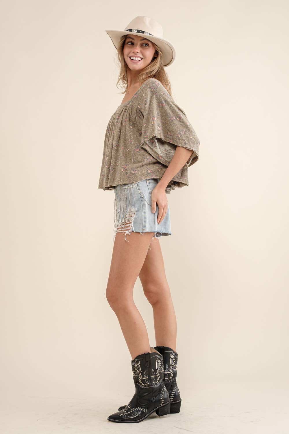 LIGHT OLIVE 22105T - Garment Washed Shirred Crop Jersey Knit Top for wholesale on Faire4