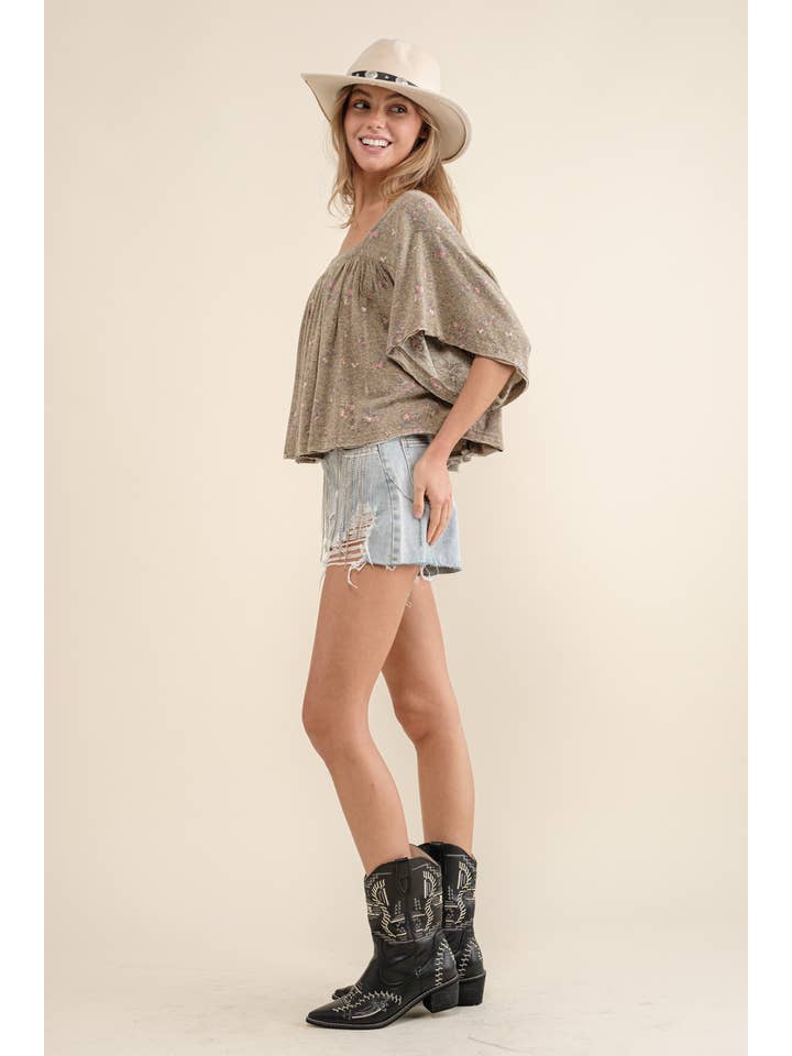 LIGHT OLIVE 22105T - Garment Washed Shirred Crop Jersey Knit Top for wholesale on Faire4