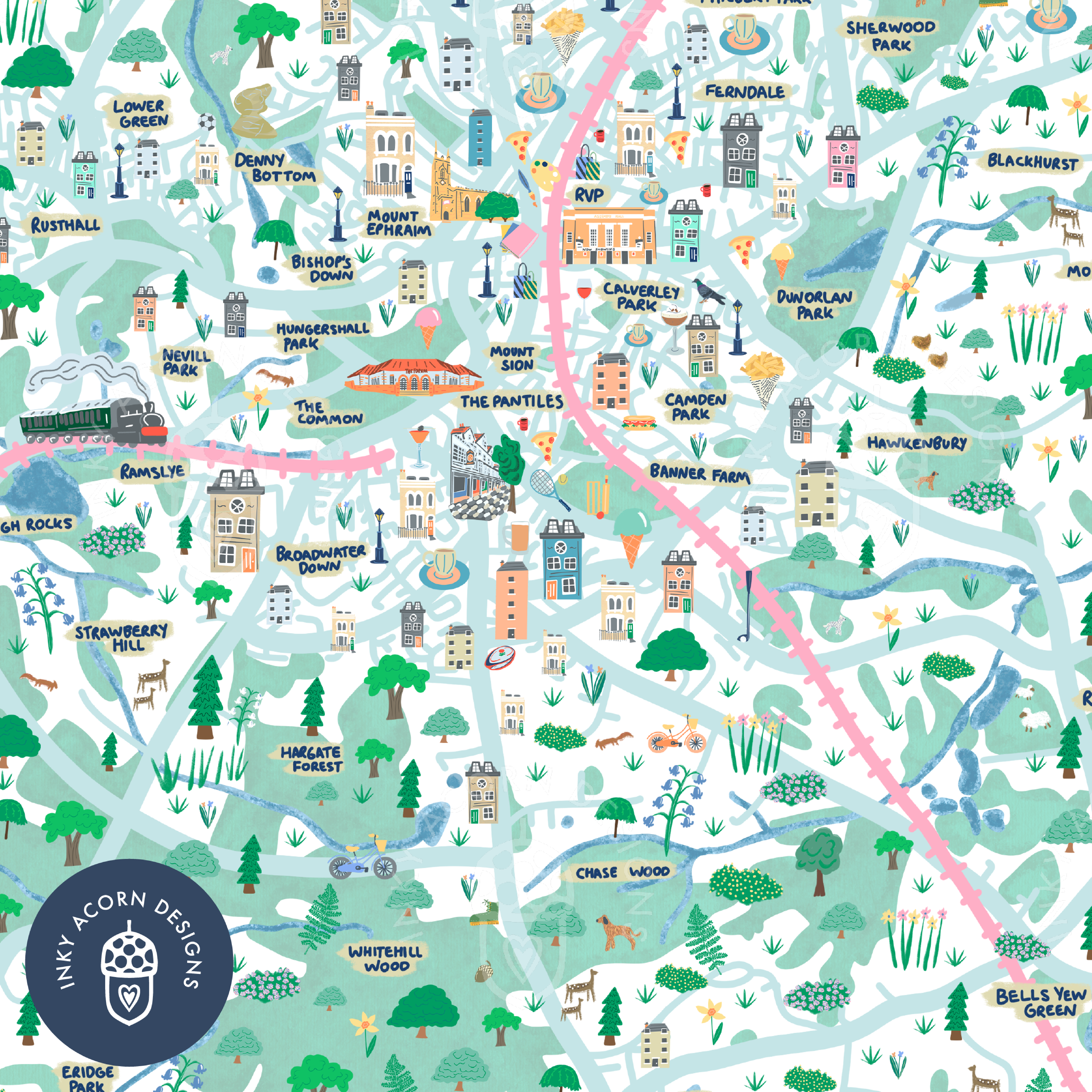 Inky Acorn Designs - Wholesale Art Print - Tunbridge Wells Illustrated Map Signed Art Print1