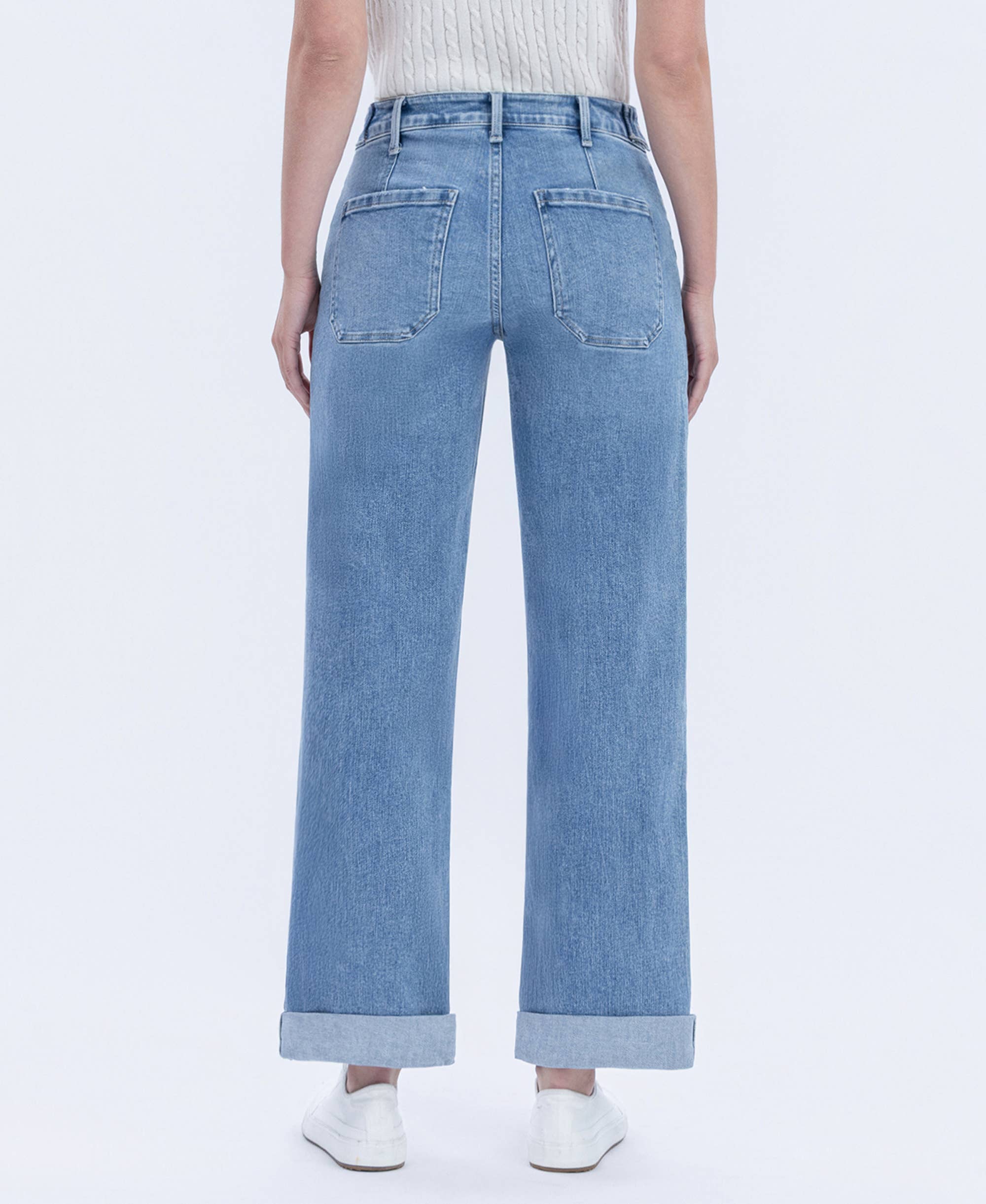 MULTI LOVE HIGH RISE TAB WAISTBAND CUFFED SLIM WIDE JEANS T6700 for wholesale on Faire1